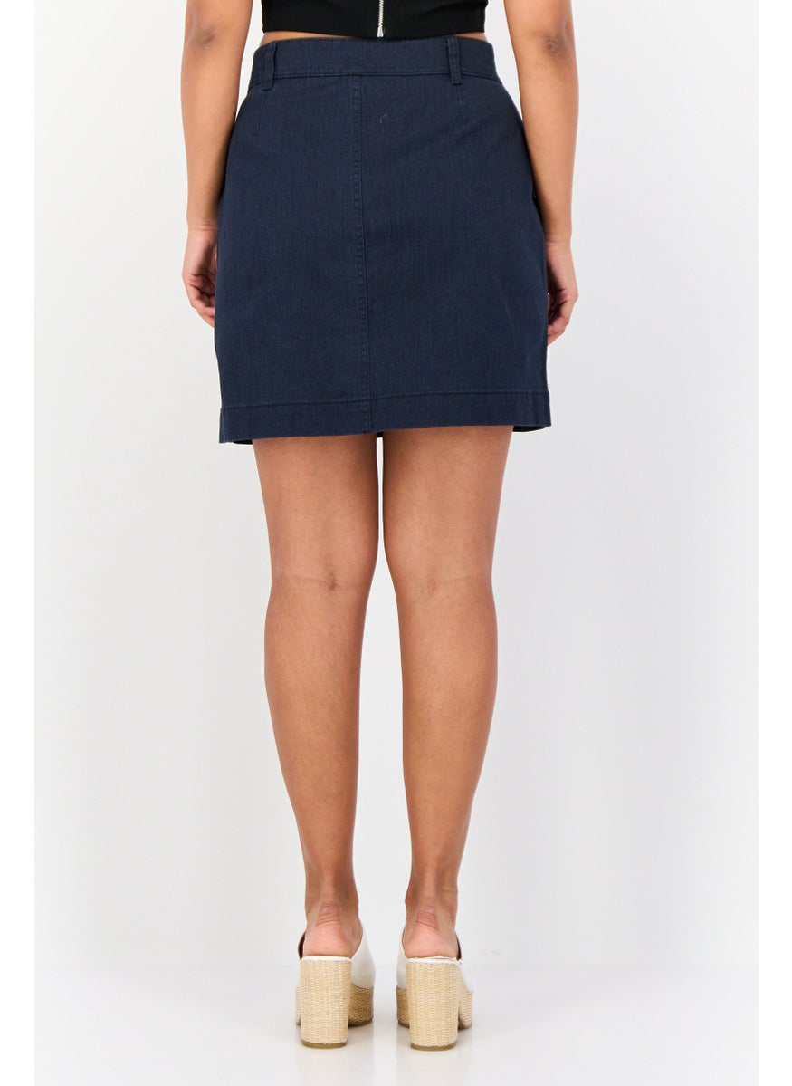 Women Washed Denim Mini Skirt, Navy