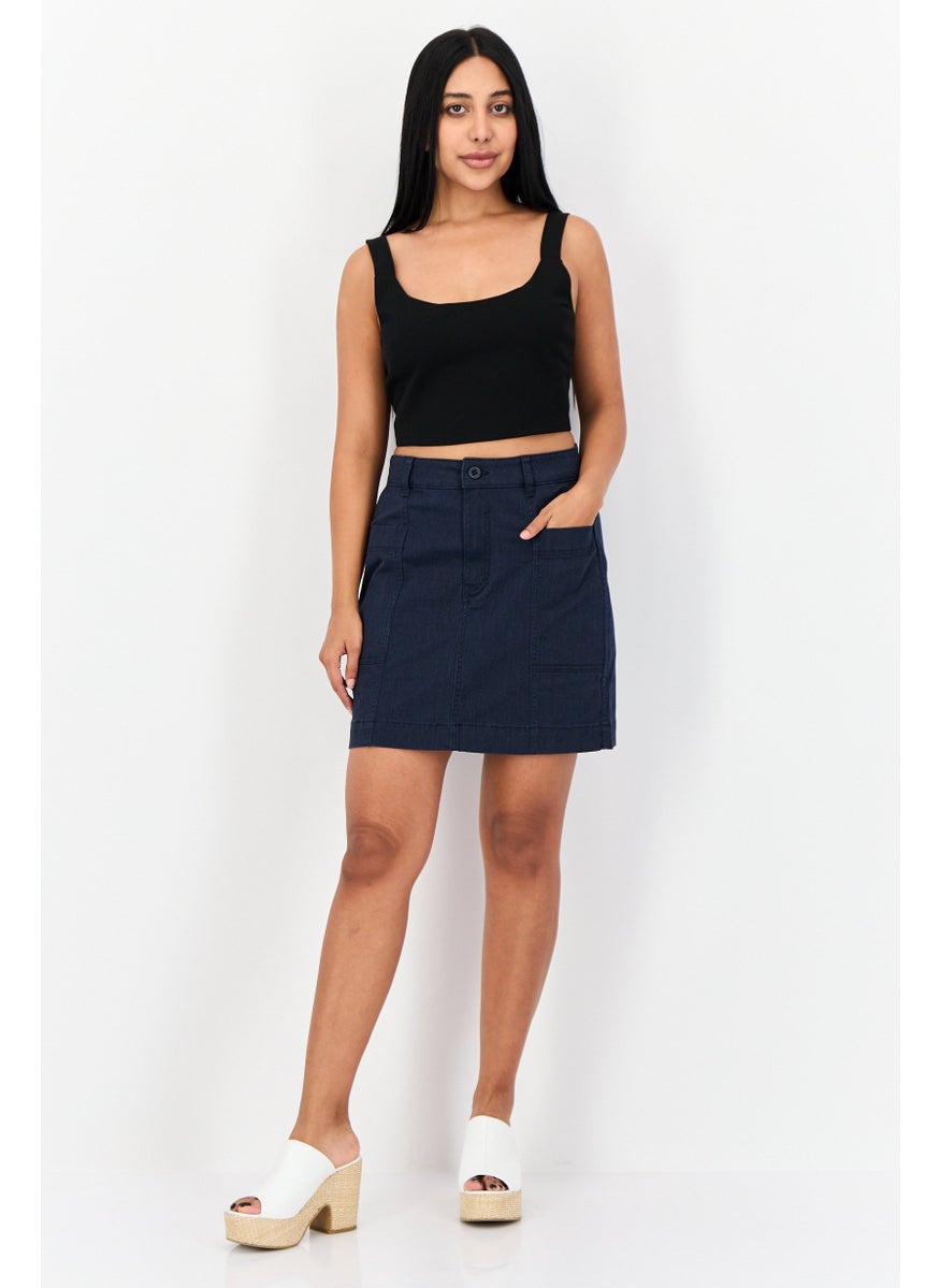 Women Washed Denim Mini Skirt, Navy