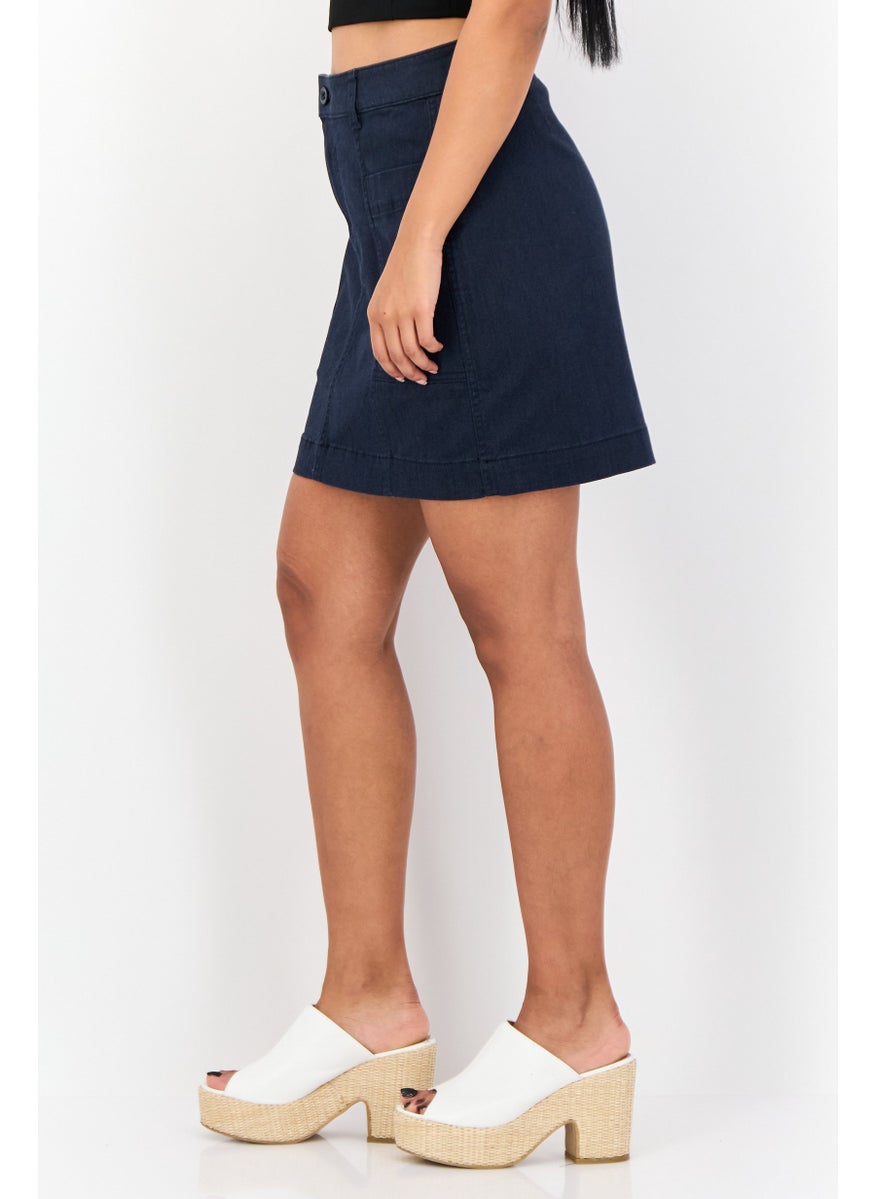 Women Washed Denim Mini Skirt, Navy