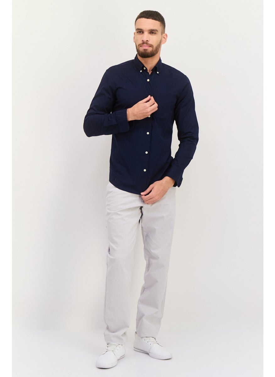Men Slim Fit Plain Long Sleeve Casual Shirts, Navy Blue