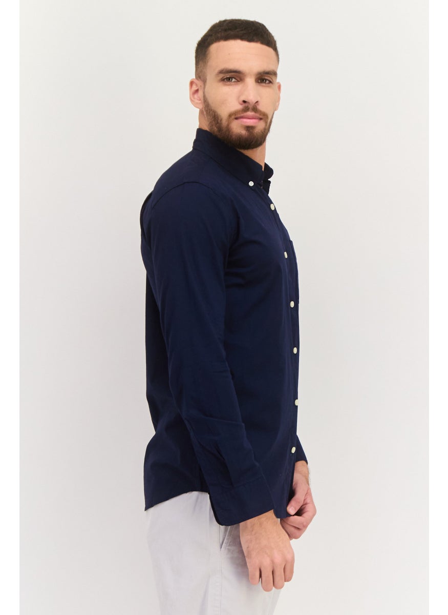 Men Slim Fit Plain Long Sleeve Casual Shirts, Navy Blue