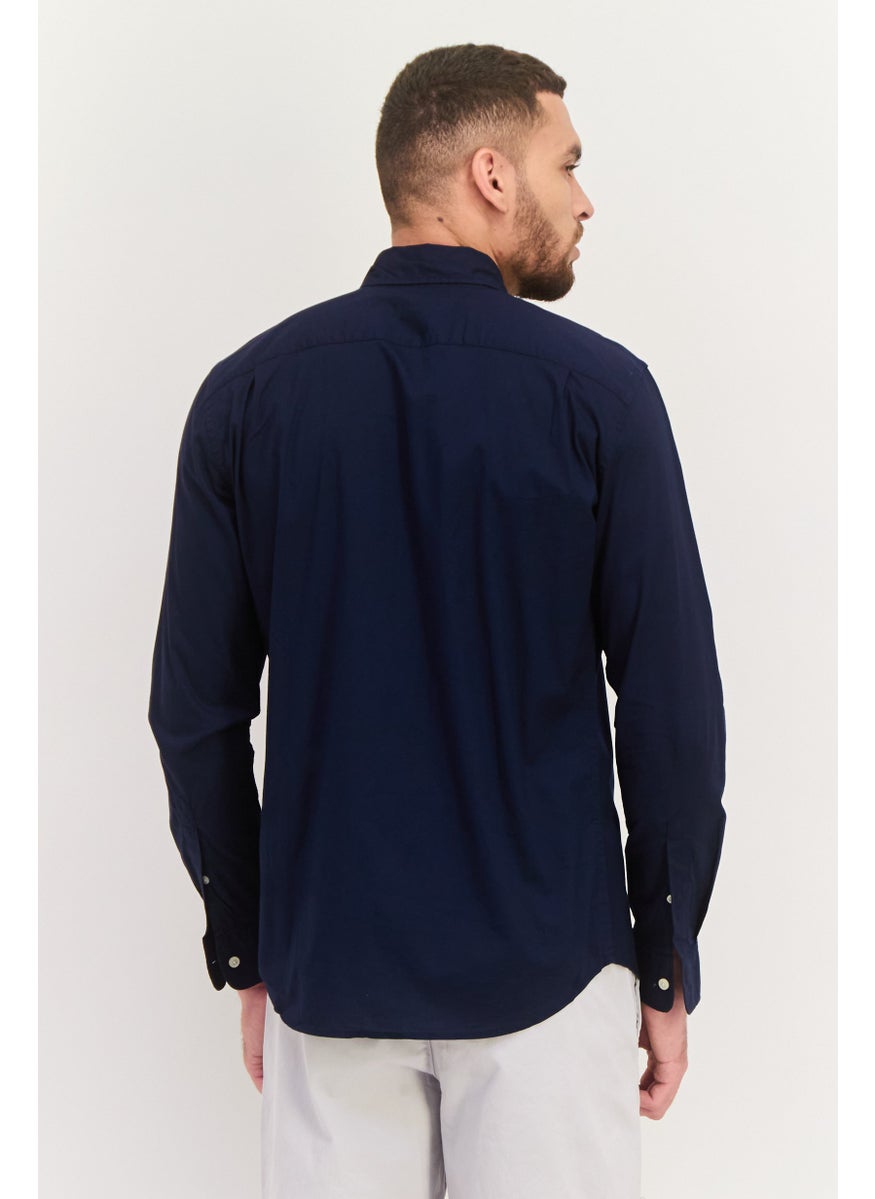 Men Slim Fit Plain Long Sleeve Casual Shirts, Navy Blue
