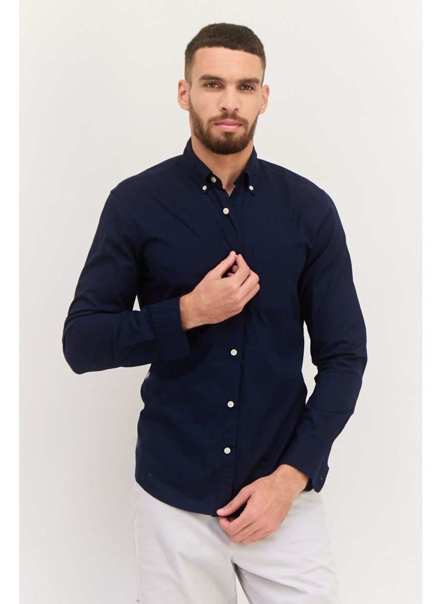 Men Slim Fit Plain Long Sleeve Casual Shirts, Navy Blue