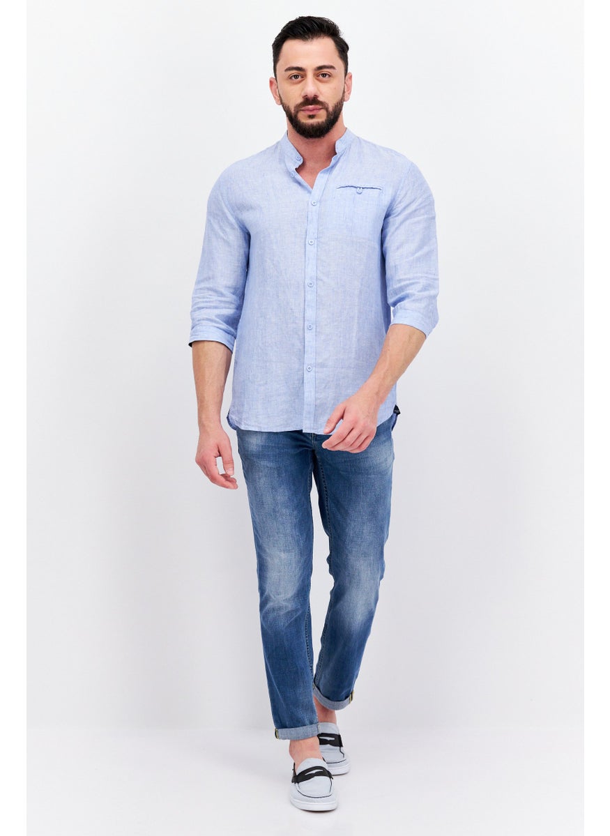 Men Regular Fit Long Sleeves Textured Casual Shirt, Light Blue