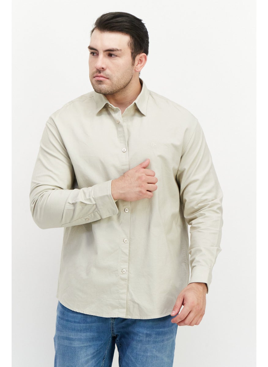 Men Regular Fit Pointed Collar Long Sleeves Embroidered Casual Shirt, Beige