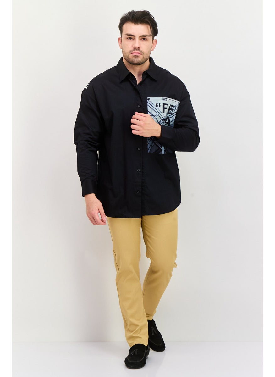 Men Regular Fit Printed Long Sleeve Casual Shirts, Black