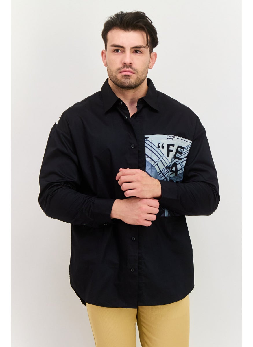 Men Regular Fit Printed Long Sleeve Casual Shirts, Black