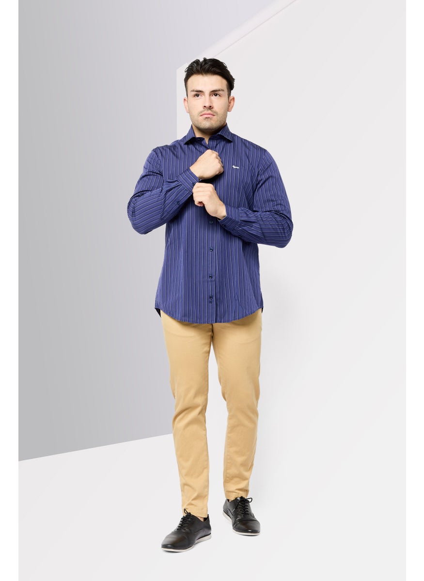 Men Narrow Fit Long Sleeve Stripe Casual Shirt, Multicolor