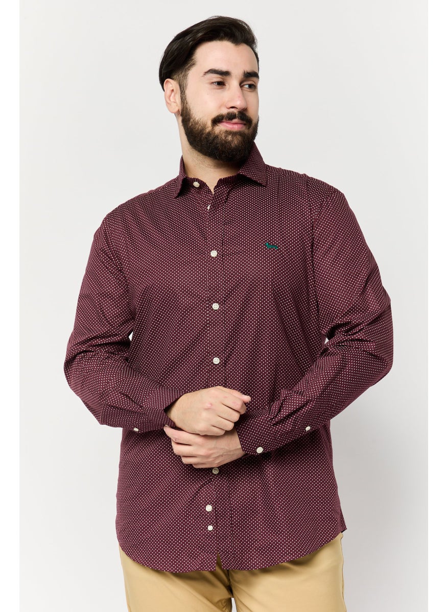 Men Narrow Fit Long Sleeve Allover Print Casual Shirts, Dark Red