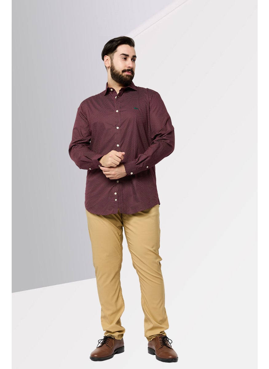 Men Narrow Fit Long Sleeve Allover Print Casual Shirts, Dark Red