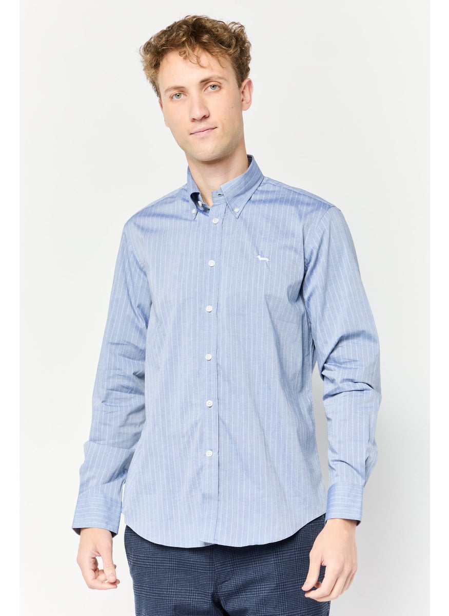 Men Regular Fit Long Sleeve Embroidered Logo Casual Shirt, Light Blue
