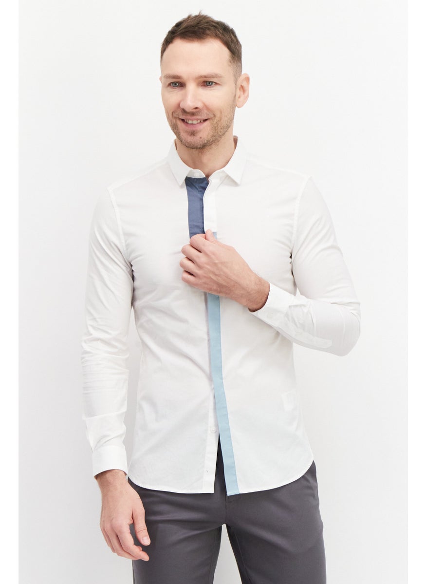 Men Slim Fit Long Sleeve Plain Casual Shirt, White Combo