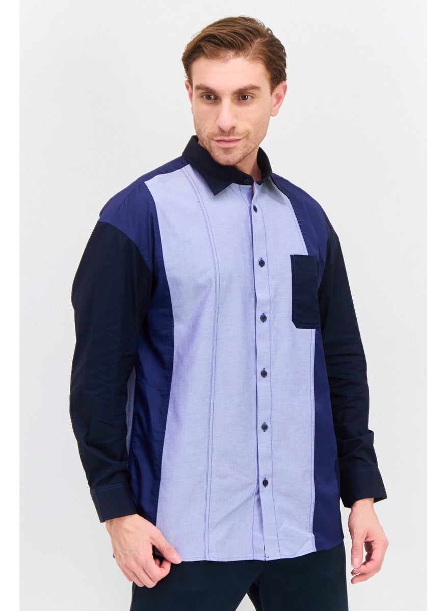 Men Regular Fit Colorblock Long Sleeve Casual Shirts, Blue Combo