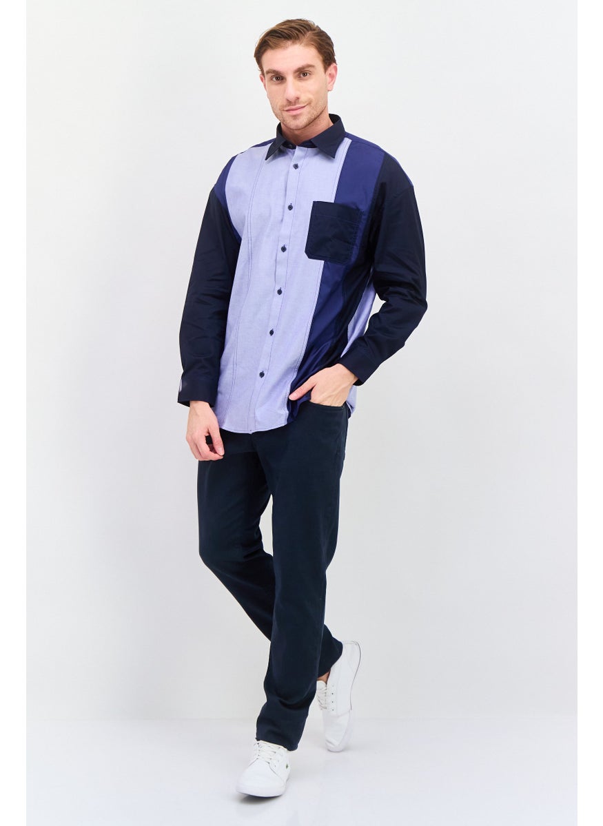 Men Regular Fit Colorblock Long Sleeve Casual Shirts, Blue Combo