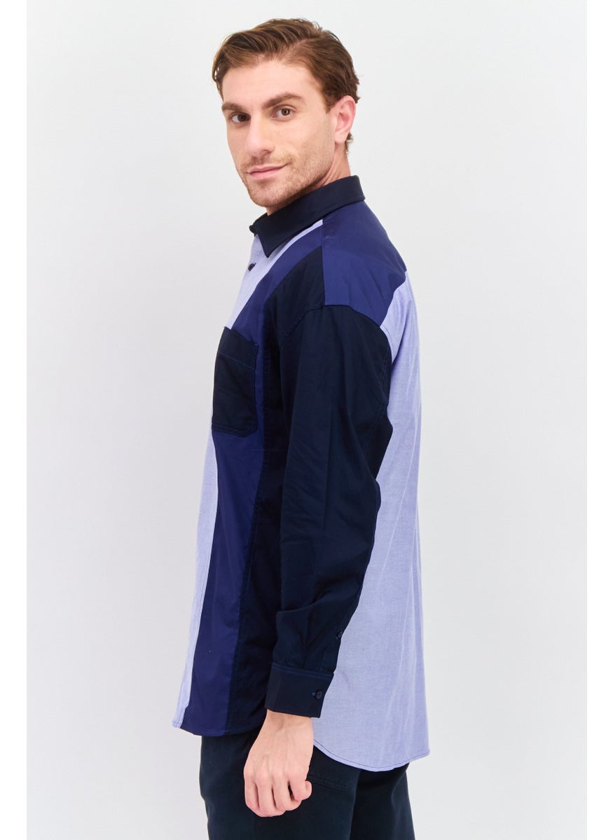 Men Regular Fit Colorblock Long Sleeve Casual Shirts, Blue Combo