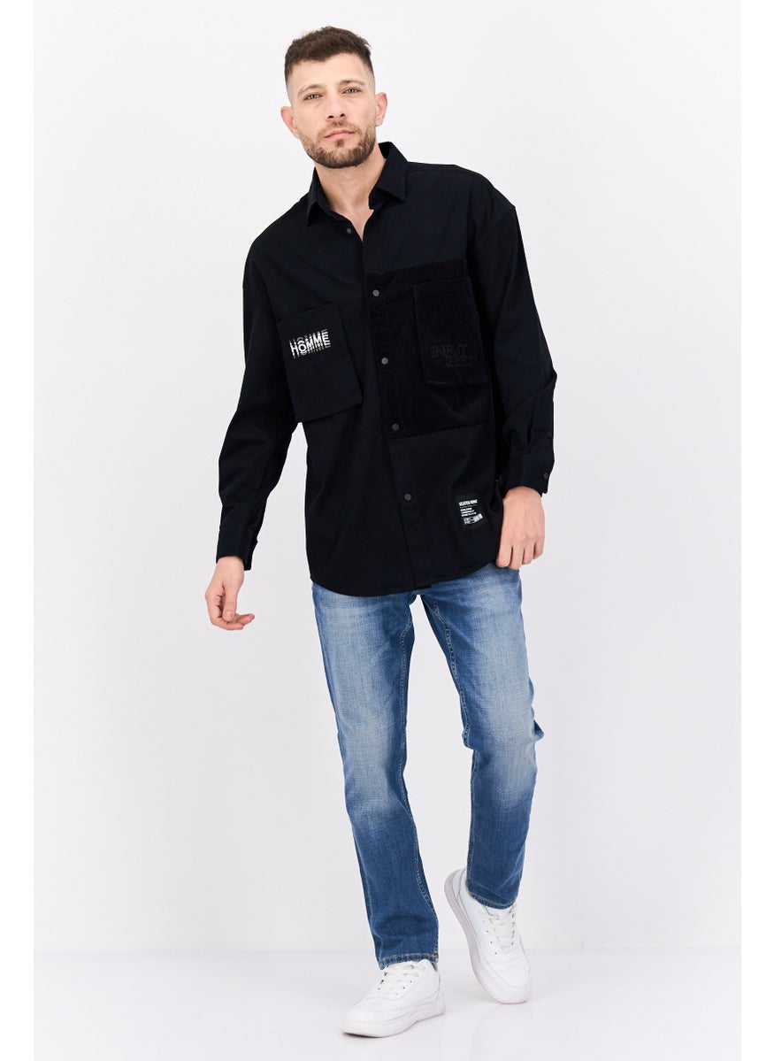 Men Embroidered Logo Jacket Shirt, Black