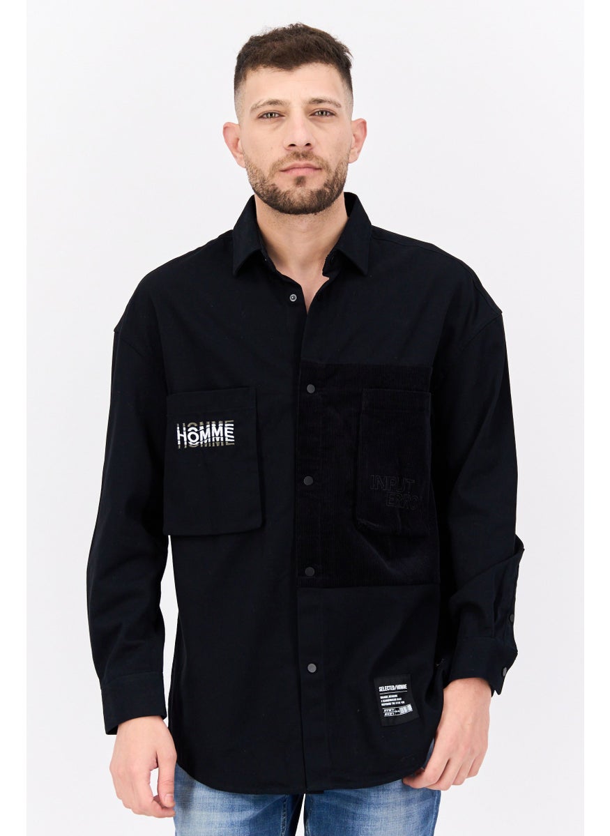 Men Embroidered Logo Jacket Shirt, Black