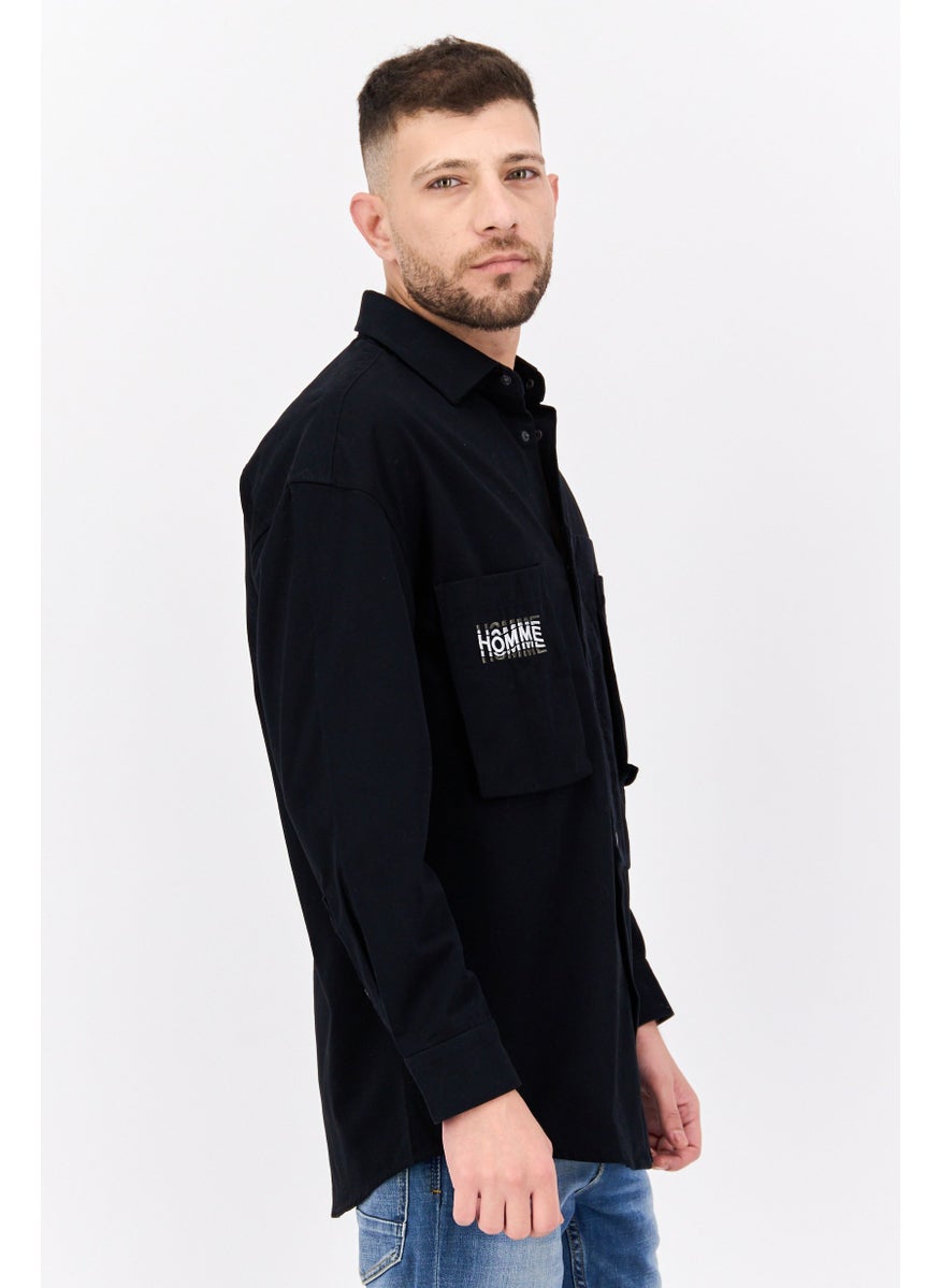 Men Embroidered Logo Jacket Shirt, Black