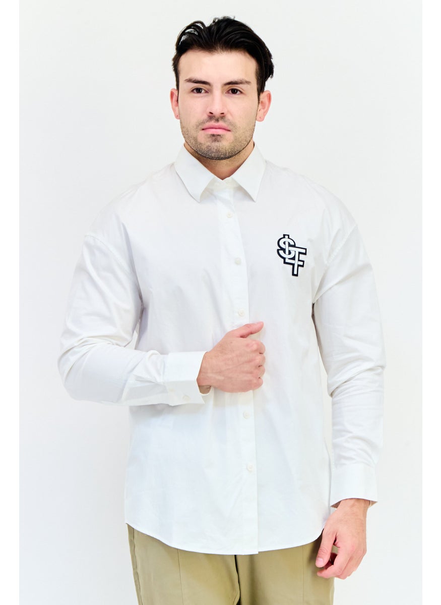 Men Drop Shoulder Graphic Print Long Sleeve Casual Shirt, White