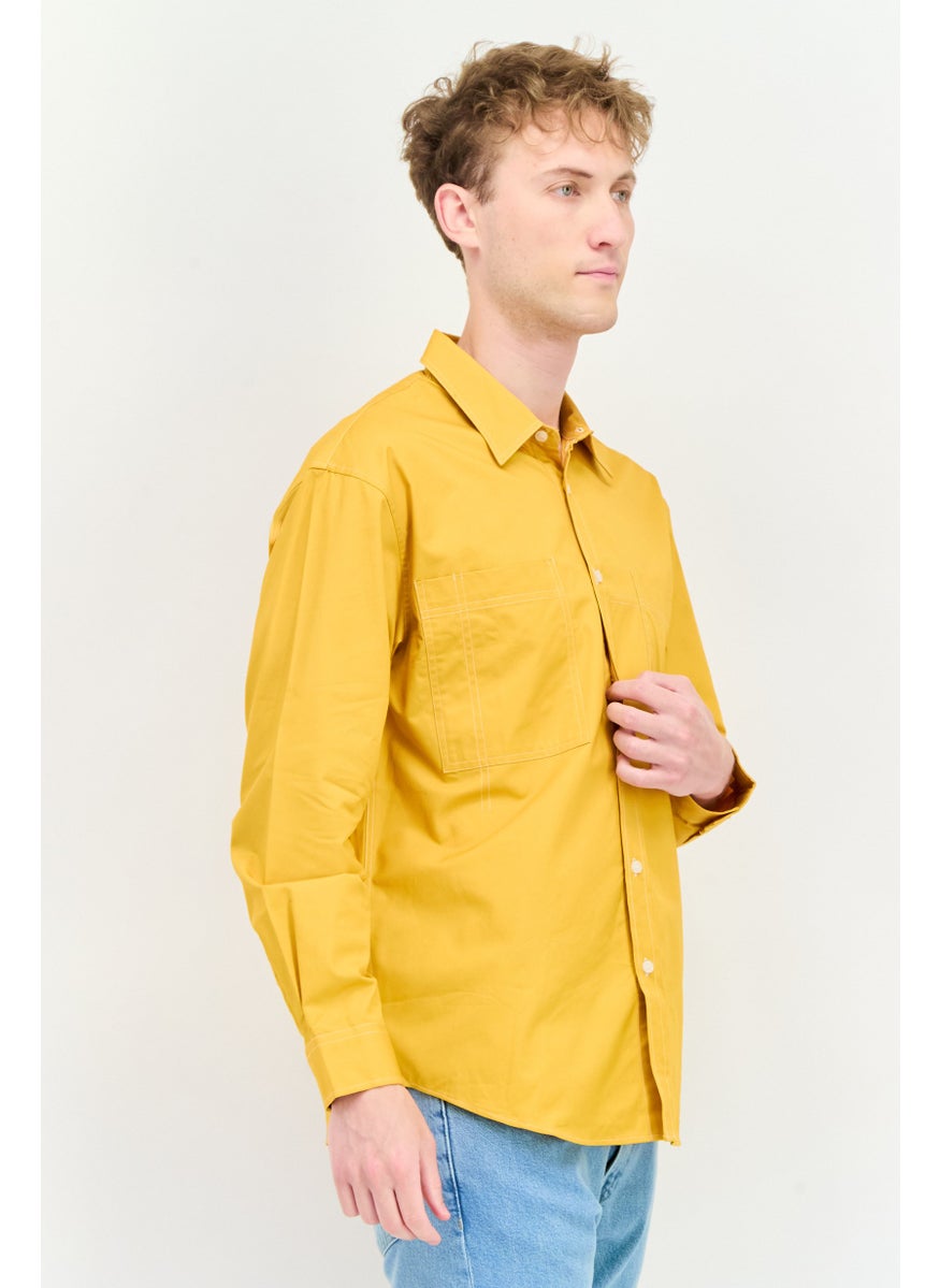 Men Drop Shoulder Fit Solid Long Sleeves Casual Shirt, Yellow