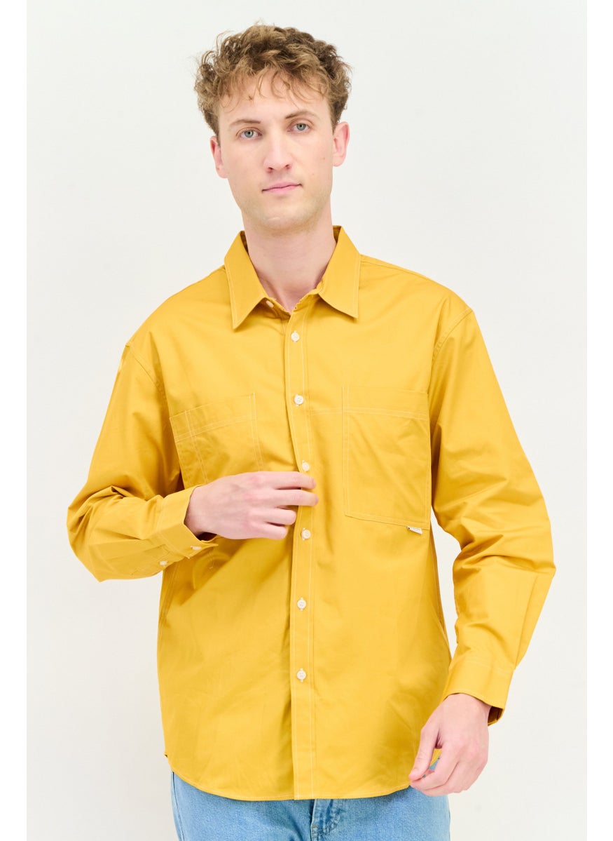Men Drop Shoulder Fit Solid Long Sleeves Casual Shirt, Yellow