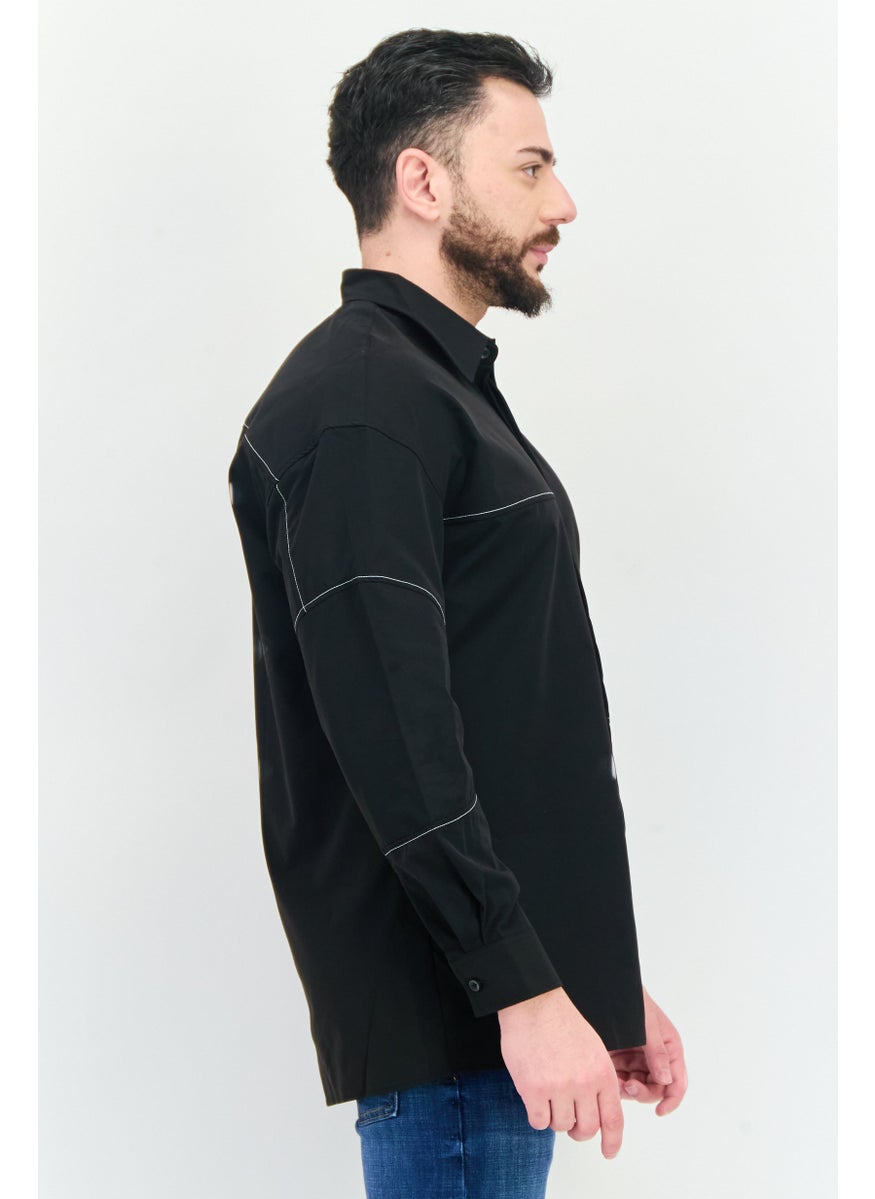 Men Regular Fit Patched Long Sleeves Casual Shirt, Black