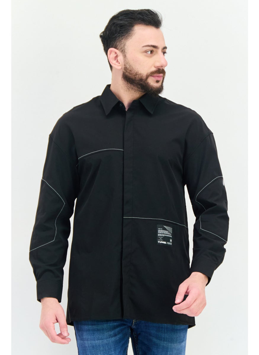 Men Regular Fit Patched Long Sleeves Casual Shirt, Black