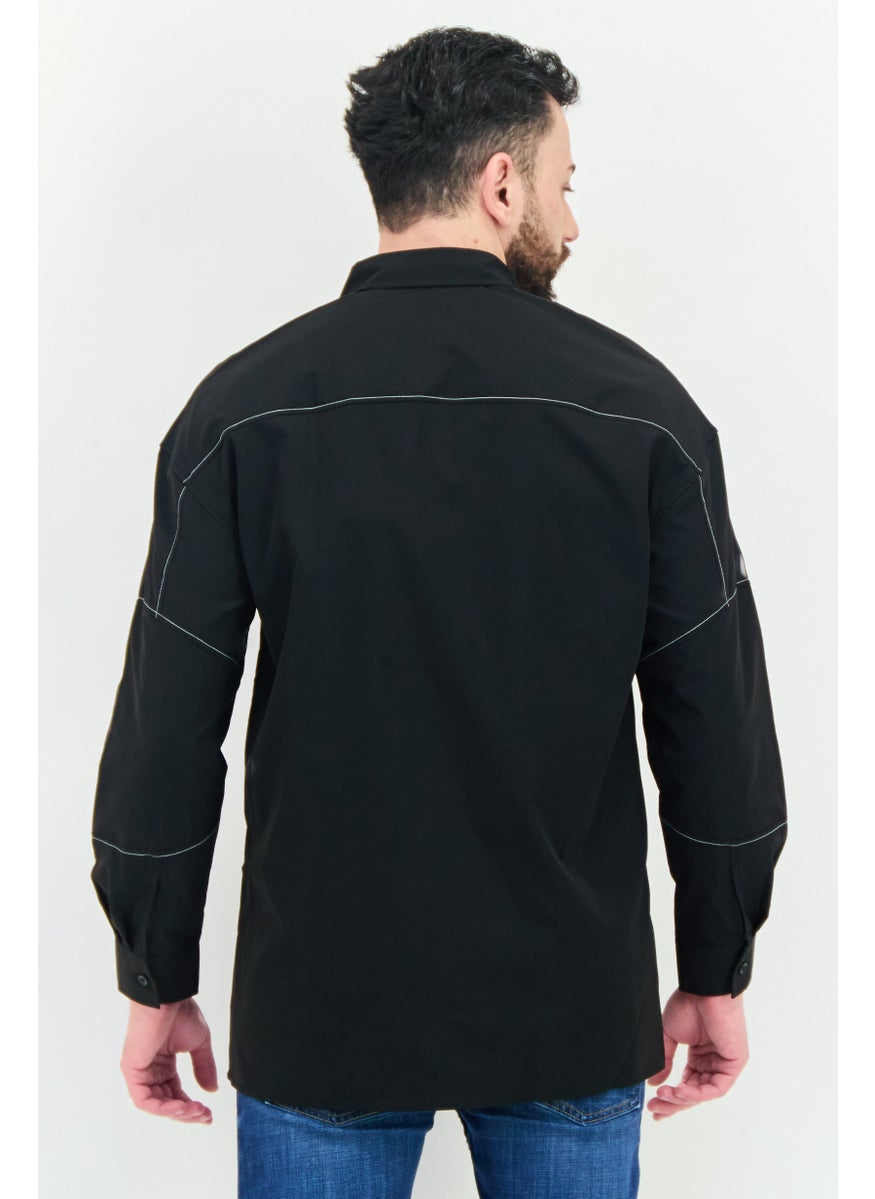 Men Regular Fit Patched Long Sleeves Casual Shirt, Black