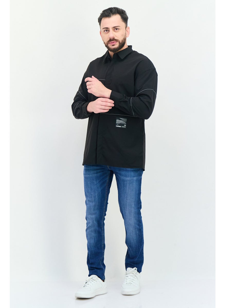 Men Regular Fit Patched Long Sleeves Casual Shirt, Black