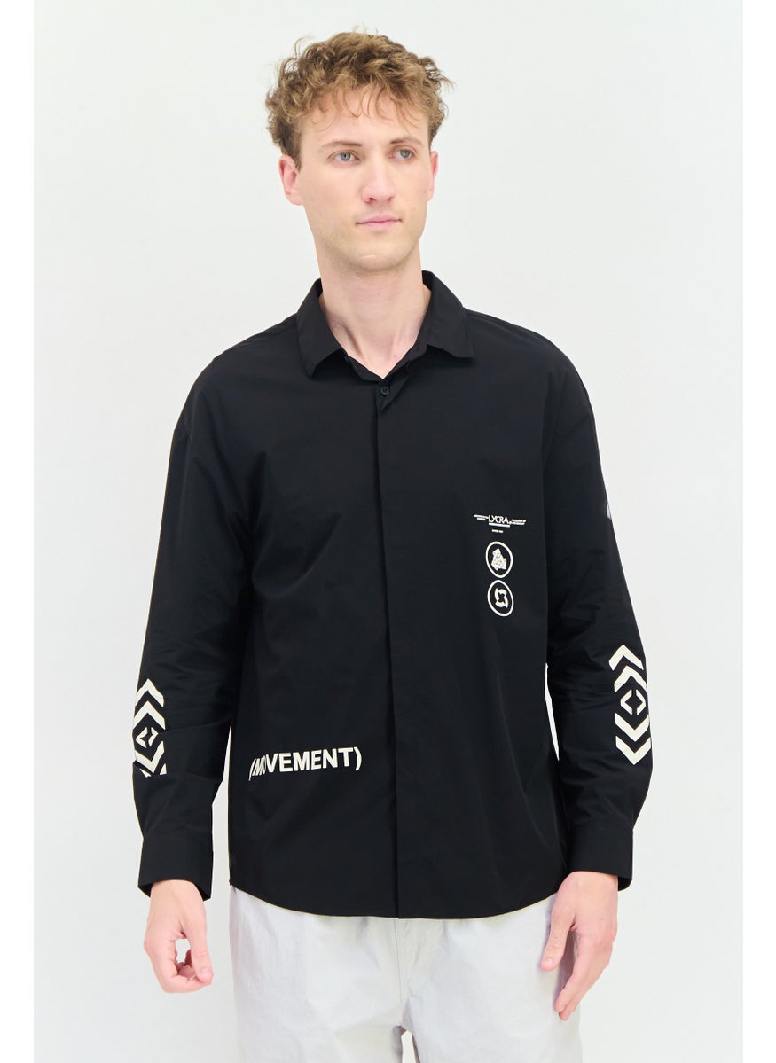 Men Loose Fit Brand Logo Full Sleeves Casual Shirt, Black