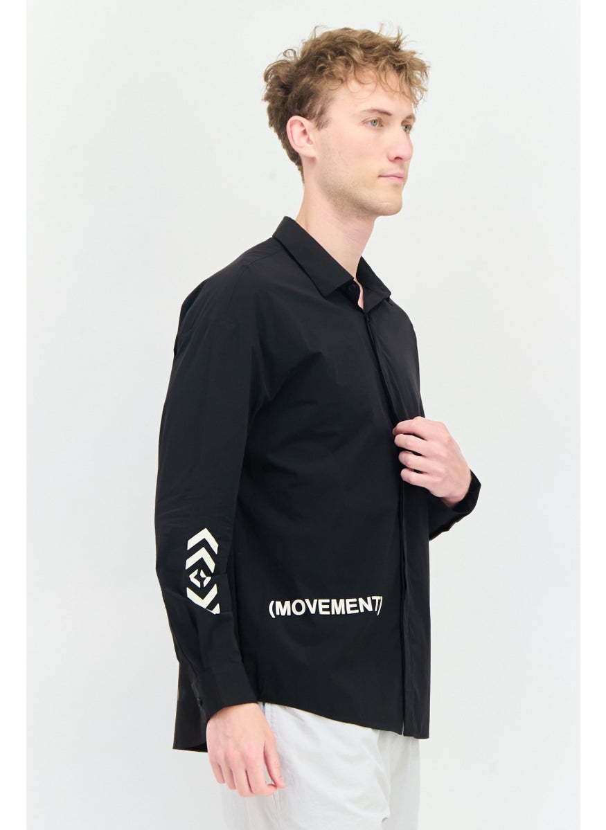 Men Loose Fit Brand Logo Full Sleeves Casual Shirt, Black