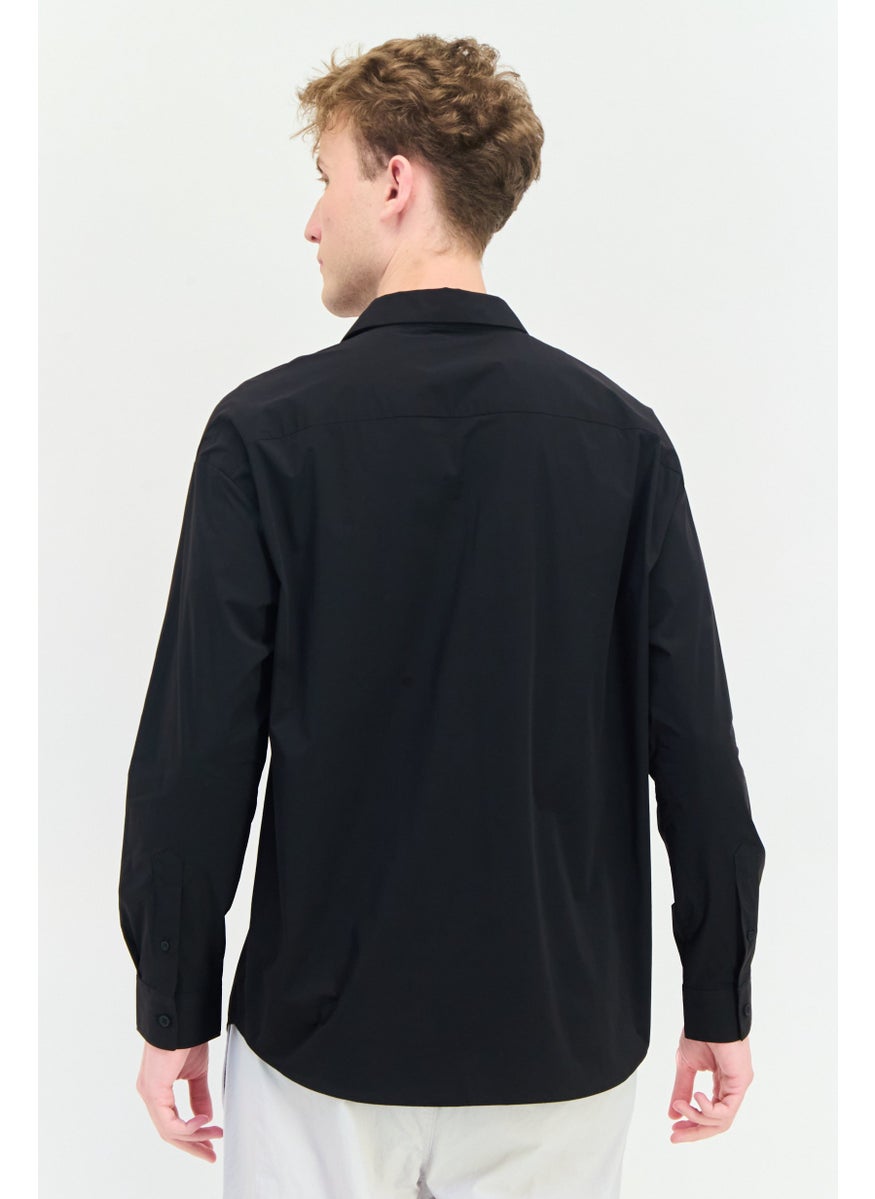 Men Loose Fit Brand Logo Full Sleeves Casual Shirt, Black