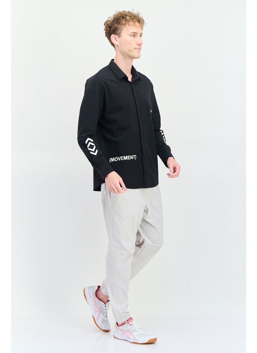 Men Loose Fit Brand Logo Full Sleeves Casual Shirt, Black