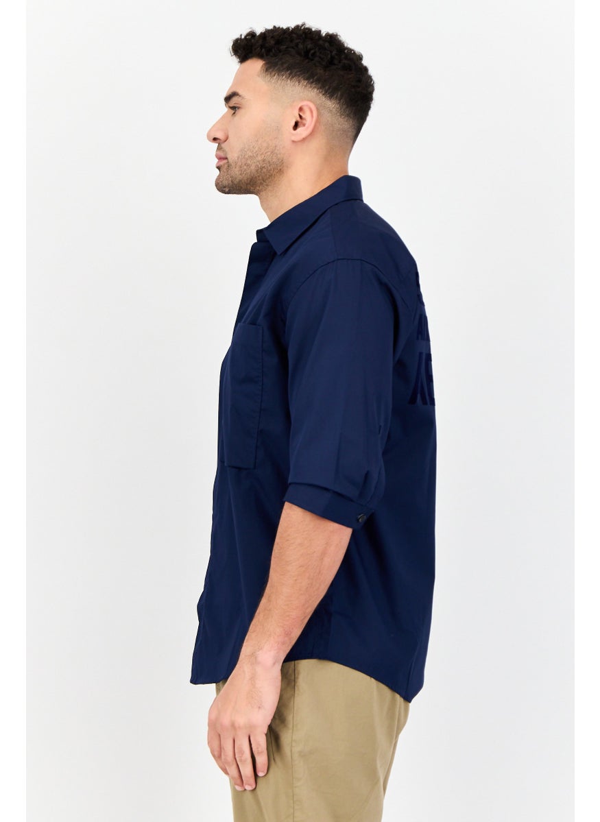 Men Drop Shoulder Fit Brand Logo Long Sleeves Casual Shirt, Navy Blue