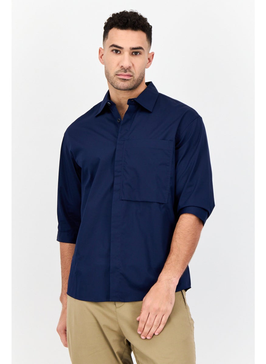 Men Drop Shoulder Fit Brand Logo Long Sleeves Casual Shirt, Navy Blue