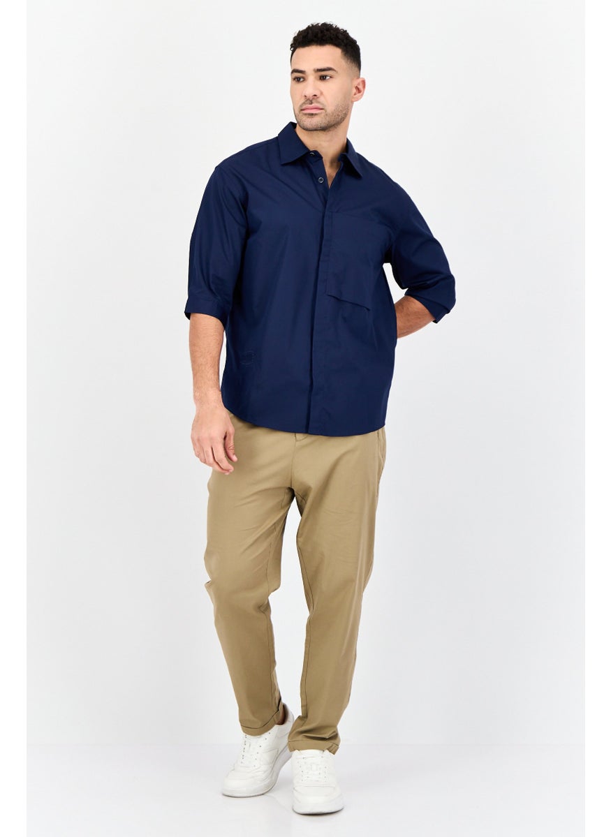 Men Drop Shoulder Fit Brand Logo Long Sleeves Casual Shirt, Navy Blue