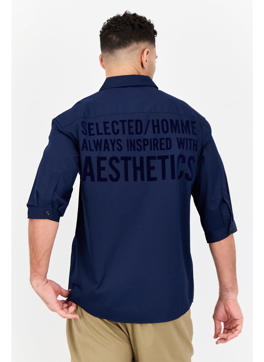 Men Drop Shoulder Fit Brand Logo Long Sleeves Casual Shirt, Navy Blue