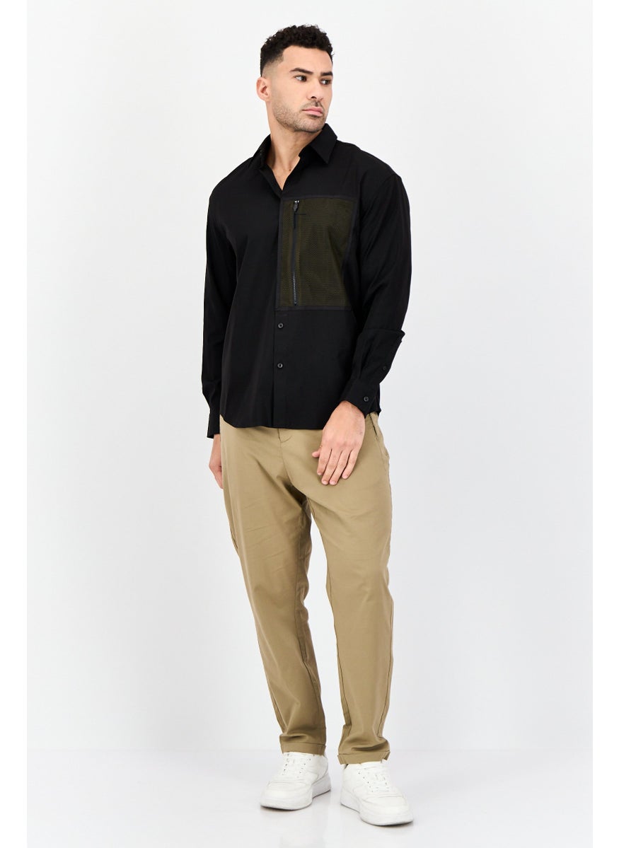 Men Regular Fit Solid Long Sleeve Casual Shirt, Black