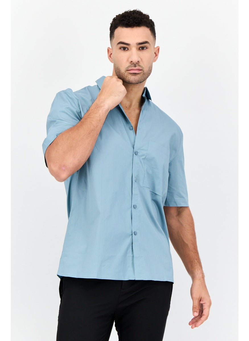 Men Regular Fit Graphic Print Short Sleeves Casual Shirt, Blue