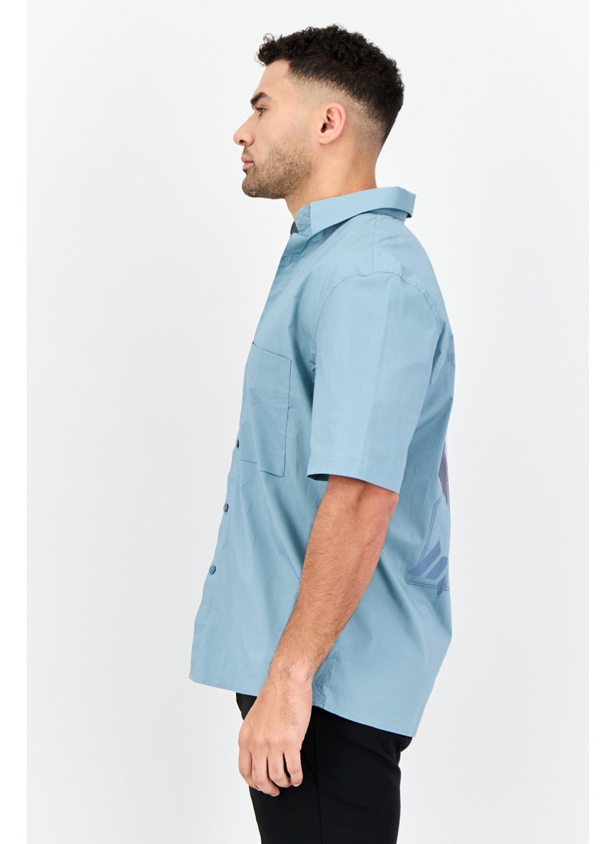 Men Regular Fit Graphic Print Short Sleeves Casual Shirt, Blue