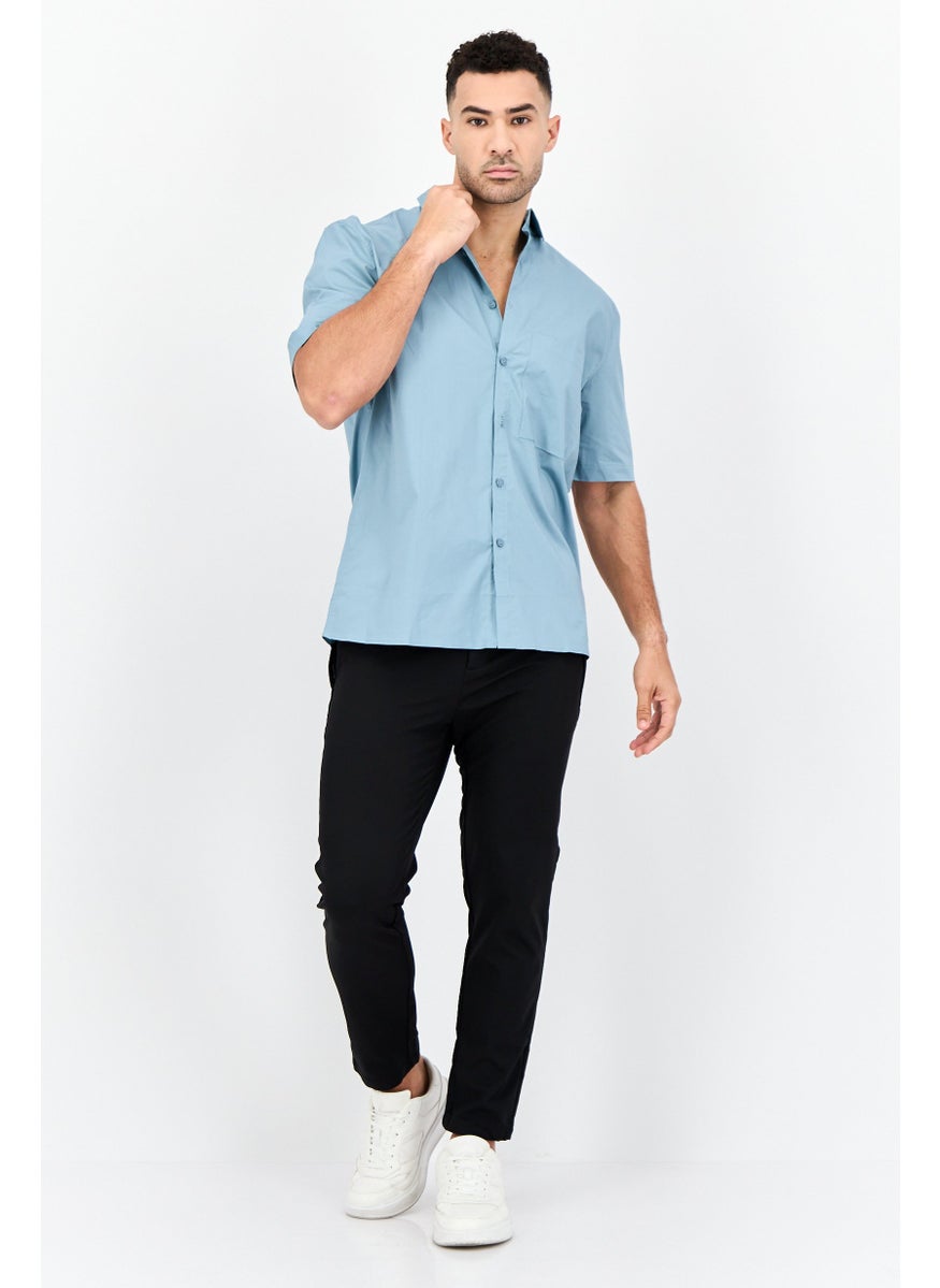 Men Regular Fit Graphic Print Short Sleeves Casual Shirt, Blue