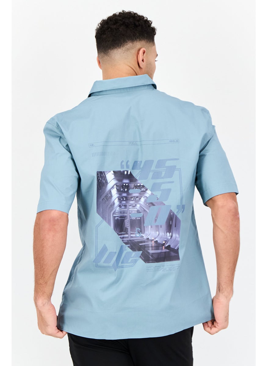 Men Regular Fit Graphic Print Short Sleeves Casual Shirt, Blue