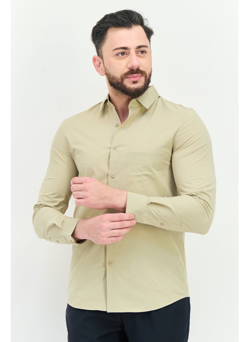 Men Regular Fit Plain Long Sleeves Casual Shirt, Khaki