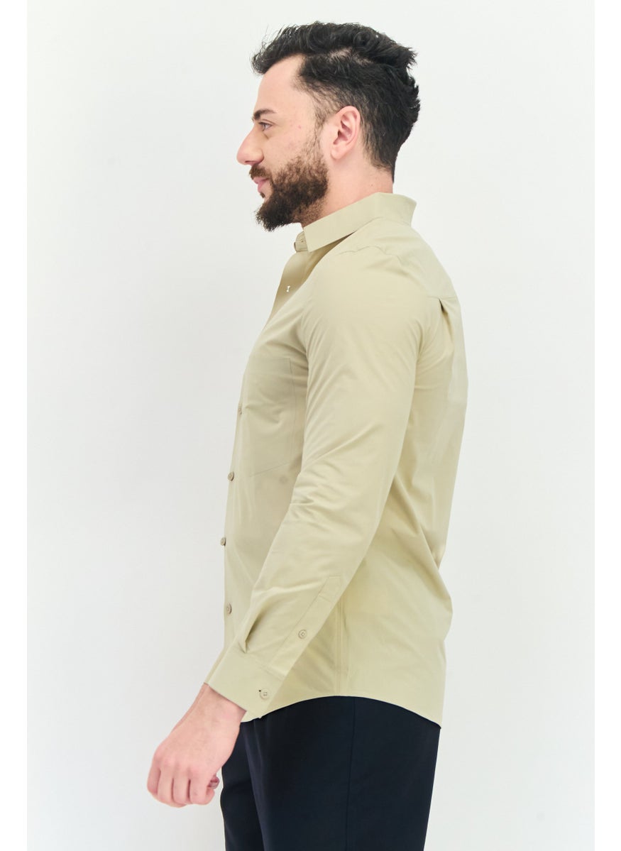Men Regular Fit Plain Long Sleeves Casual Shirt, Khaki