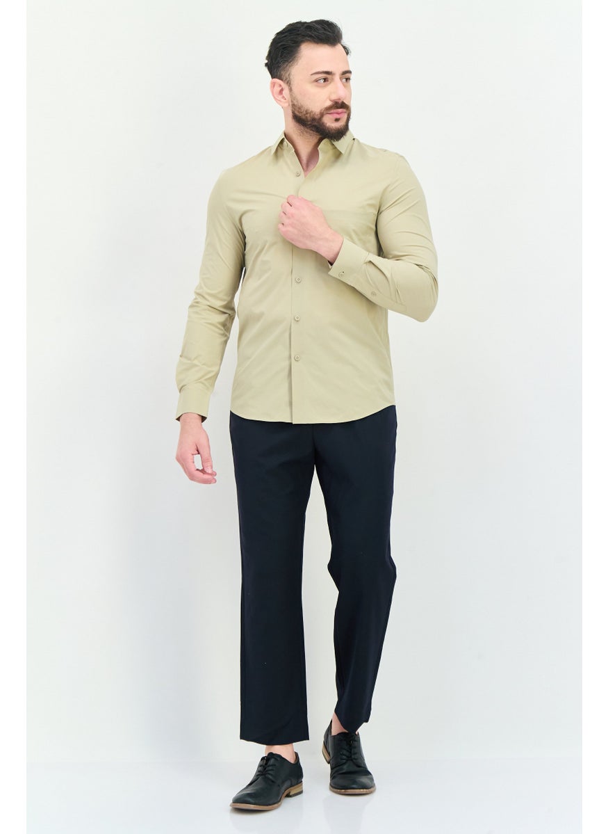 Men Regular Fit Plain Long Sleeves Casual Shirt, Khaki