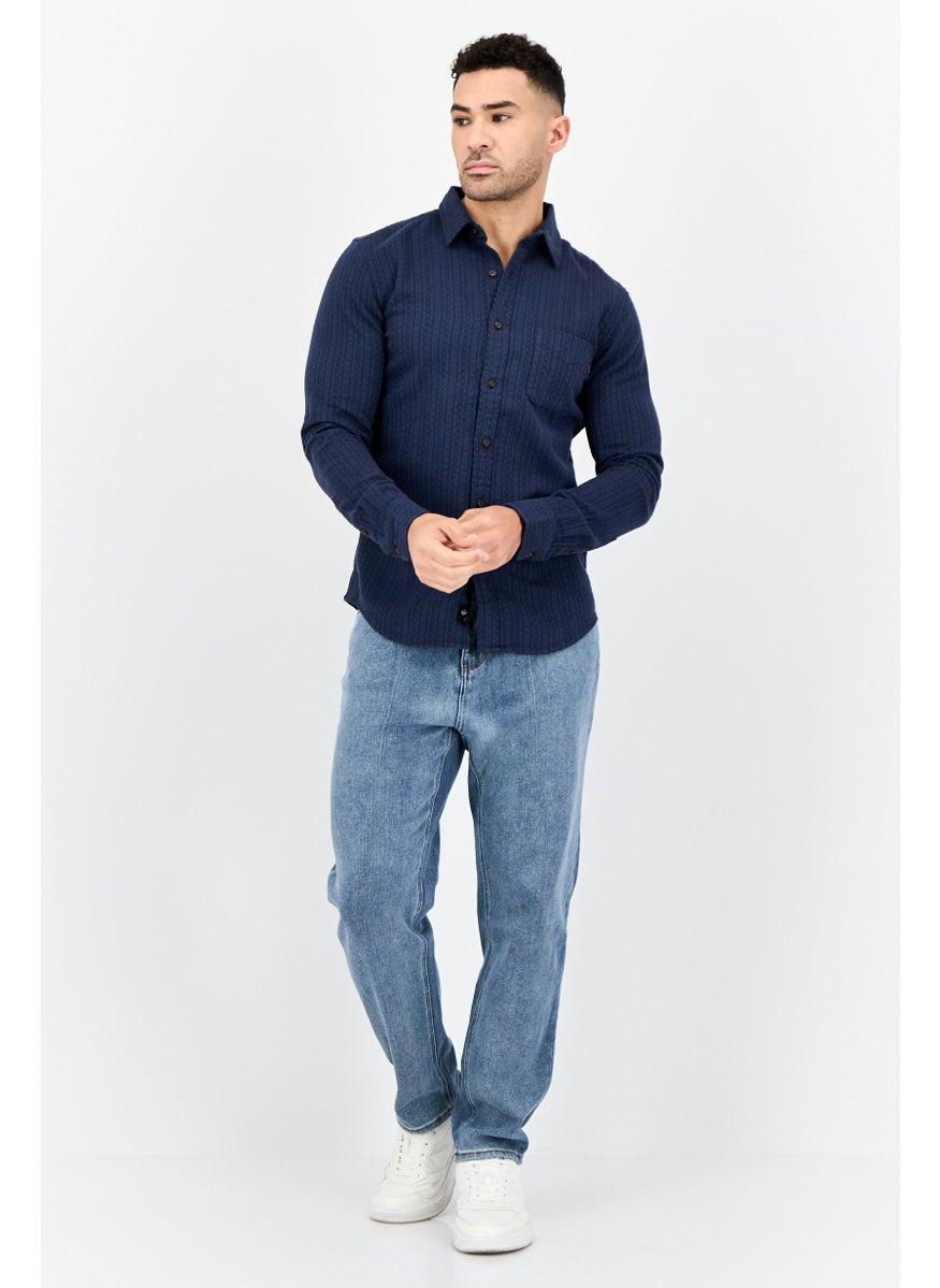 Men Slim Fit Textured Long Sleeve Casual Shirt, Navy