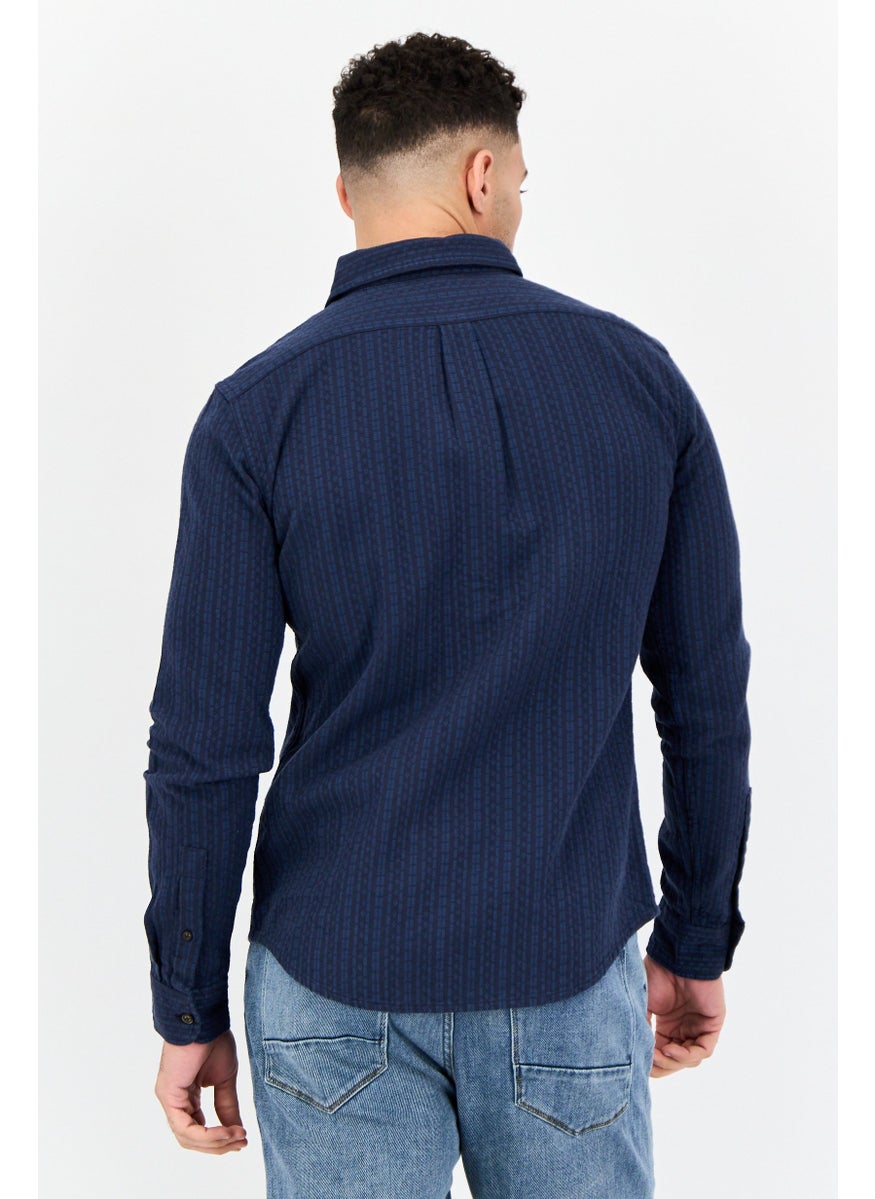 Men Slim Fit Textured Long Sleeve Casual Shirt, Navy