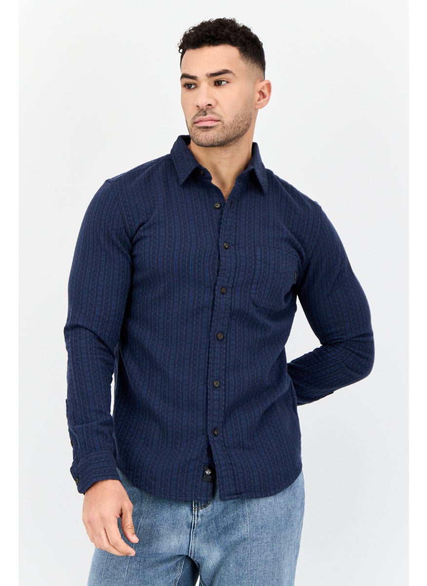 Men Slim Fit Textured Long Sleeve Casual Shirt, Navy