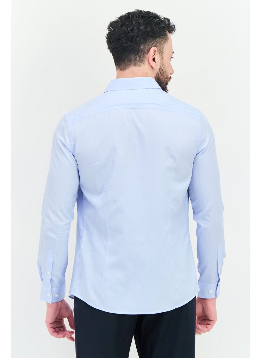 Men Slim Fit Stripes Long Sleeves Casual Shirt, Sky Blue