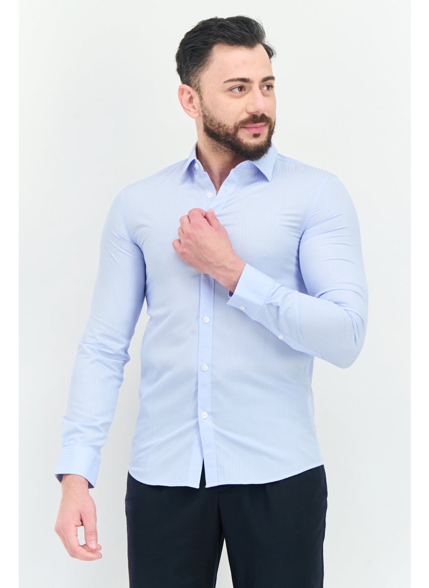 Men Slim Fit Stripes Long Sleeves Casual Shirt, Sky Blue